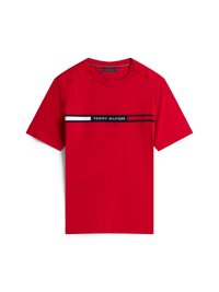 Rood T-shirt met korte mouwen, gemaakt van katoen, met een zwart-wit gestreept logo over de borst met de tekst "TOMMY HILFIGER".