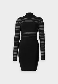 Svarte kjole med lange ermer som har gjennomskinnelige horisontale striper og høy hals. Designet med en tettsittende silhuett og teksturert stoff.