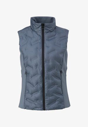 Lekki bezrękawnik w ciemnoszarym kolorze z pikowanym przodem, wysokim kołnierzem i czarnym zamkiem; zawiera boczne kieszenie na drobiazgi.