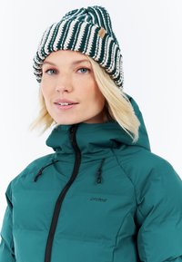 Mėlynas pūkinis švarkas su aukštu apykakle ir užtrauktuku, derinamas su megztu kepurėliu, turinčiu žalius ir baltus dryžius bei mažą prekės etiketę.