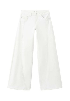 White wide-leg pants with front pockets, button closure, and belt loops, displayed on a plain white background.