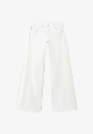 Pantalon blanc à jambes larges avec poches avant, fermeture à boutons et passants de ceinture, présenté sur un fond blanc uni.