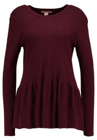 Bordowy sweter z dzianiny z długim rękawem, okrągłym dekoltem, teksturowanym prążkowaniem i rozszerzanym dołem w stylu peplum. Miękka tkanina o luźnym kroju.