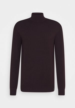 Pull à col roulé pour homme à manches longues de couleur marron foncé avec col, poignets et ourlet côtelés, sur un fond clair uni.