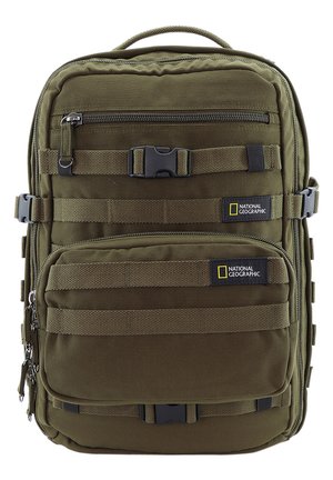 Olive green backpack with multiple zippered compartments, nylon material, adjustable straps, and National Geographic branding, featuring webbing accents.