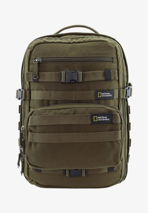 Olive green backpack with multiple zippered compartments, nylon material, adjustable straps, and National Geographic branding, featuring webbing accents.