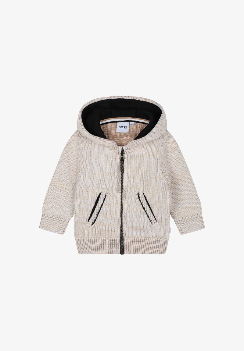 Felpa con cappuccio lavorata a maglia crema, con foderatura nera, zip frontale e due tasche laterali con dettagli di cucitura nera.