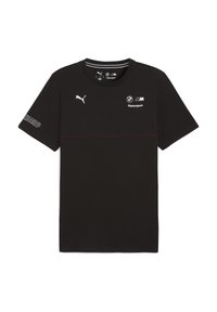 Sort bomulds t-shirt med korte ærmer, der har et Puma-logo og BMW Motorsport branding. Inkluderer en rød vandret stribe tværs over brystet.