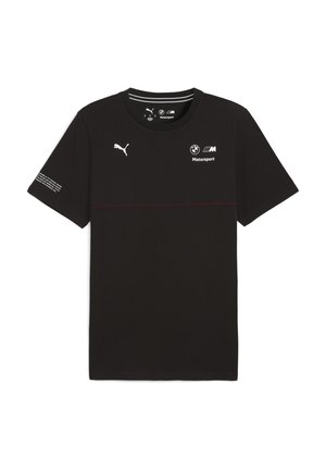 Sort bomulds t-shirt med korte ærmer, der har et Puma-logo og BMW Motorsport branding. Inkluderer en rød vandret stribe tværs over brystet.