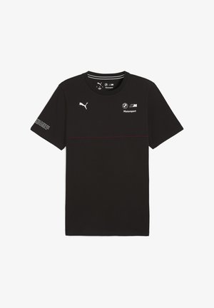 Black cotton t-shirt with short sleeves, featuring a Puma logo and BMW Motorsport branding. Includes a red horizontal stripe across the chest.