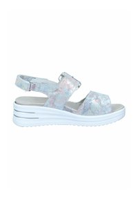 Comfort sandals with a shimmery, multicolored upper, two adjustable straps, and a white platform sole with textured grooves.