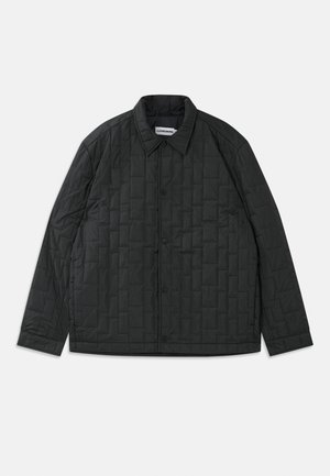 Black quilted jacket with button closure, spread collar, long sleeves, and textured pattern. Lightweight material with a modern design.
