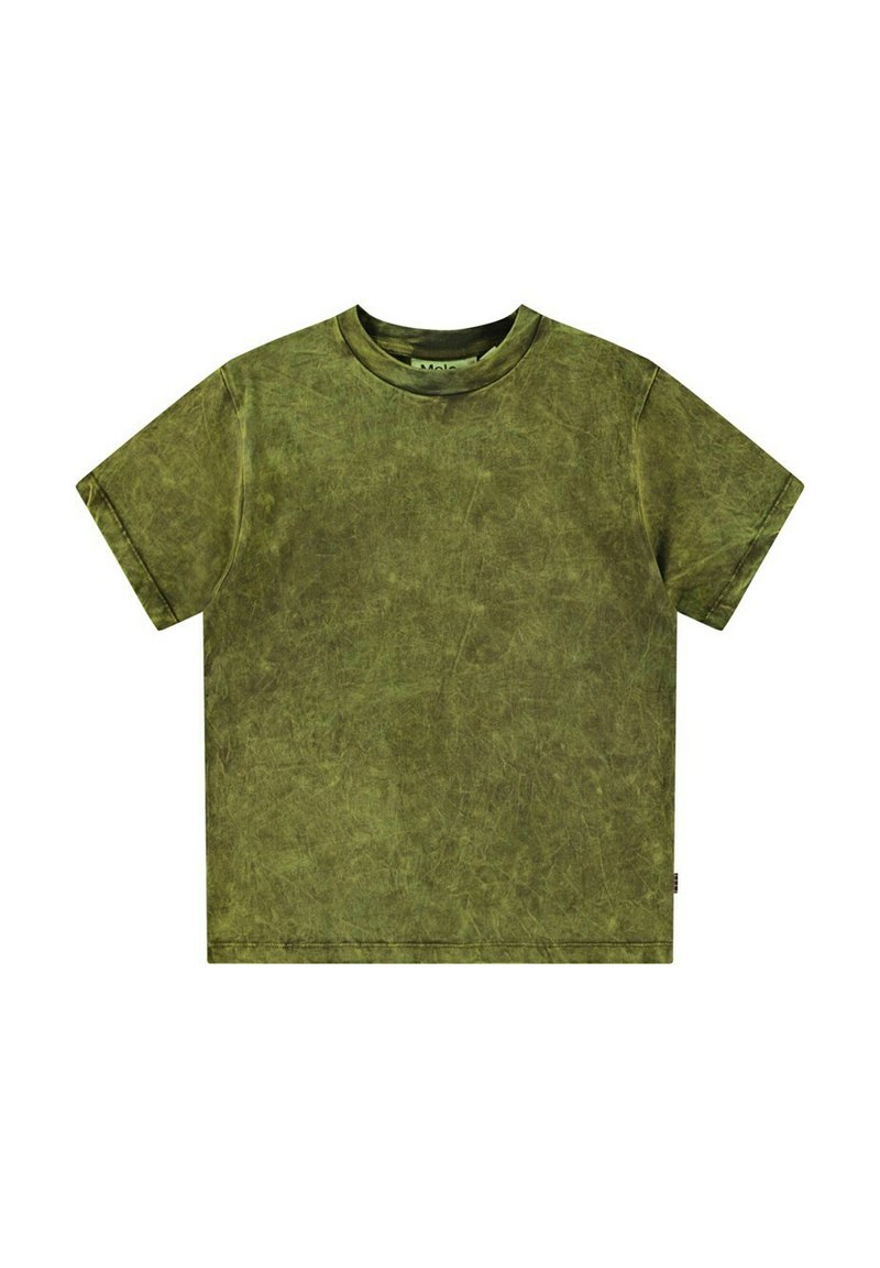 Oliven grøn kortærmet t-shirt lavet af tekstureret stof, med rund hals og afslappet pasform, med et let falmet look.