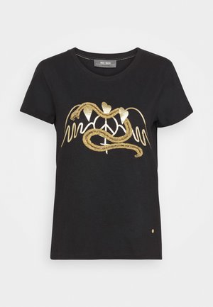 Černé bavlněné tričko s grafikou zlatého hada a srdce na přední straně, kulatým výstřihem, krátkými rukávy a rovnými lemy.