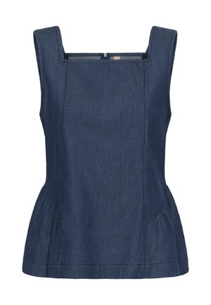 Varrukata tume sinine teksatop ruudukujulise kaelusega, liibuv vöökoht ja õmmeldud paneelide detailid.