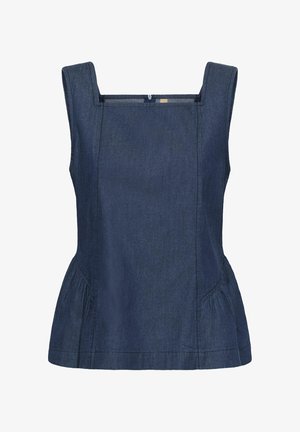 Top sin mangas de mezclilla azul oscuro con escote cuadrado, cintura ajustada y detalles con paneles cosidos.