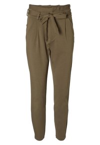 Olivově zelené tapered kalhoty s vázacím páskem v pase, skladovým předním dílem, postranními kapsami a hladkým, měkkým textilem.