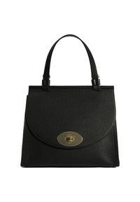 Schwarze Ledertasche mit strukturiertem Design, einem umklappbaren Deckel und einem goldfarbigen, diamantenförmigen Verschluss. Strukturiertes Finish, zwei Griffe.