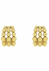 Pendientes de aro dorados con un diseño de esferas entrelazadas, con una textura lisa y pulida y un intrincado detallado entre las esferas.