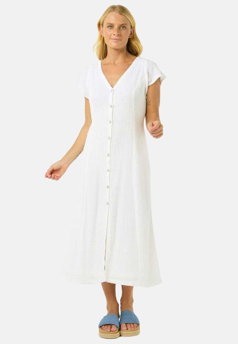 Robe blanche, longueur genou, avec un décolleté en V, de courtes manches volantées et une fermeture à boutons sur le devant ; faite d'un tissu en coton texturé.