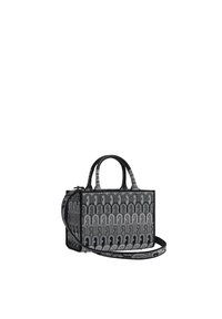 Czarna i szara torebka w wzory z dwiema krótkimi rączkami i długim regulowanym paskiem. Prostokątny kształt z zamkiem błyskawicznym. Teksturowany materiał.