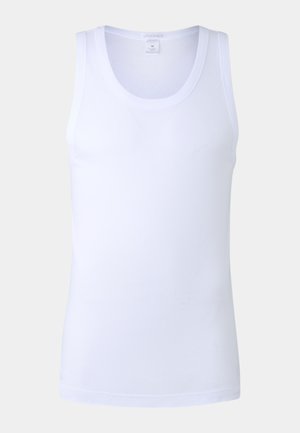Hvid bomulds tanktop med rund halsudskæring og ærmeløs design. Glat tekstur med minimal syning og ingen synlige mønstre eller udsmykninger.