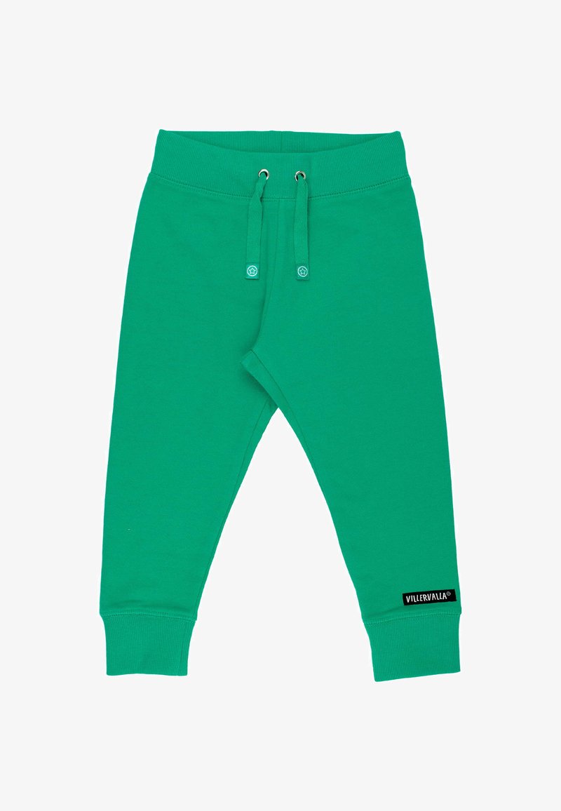 Pantalons de jogging en coton vert avec une taille côtelée, cordon de serrage réglable et poignets aux chevilles. Présente un patch logo sur la jambe.