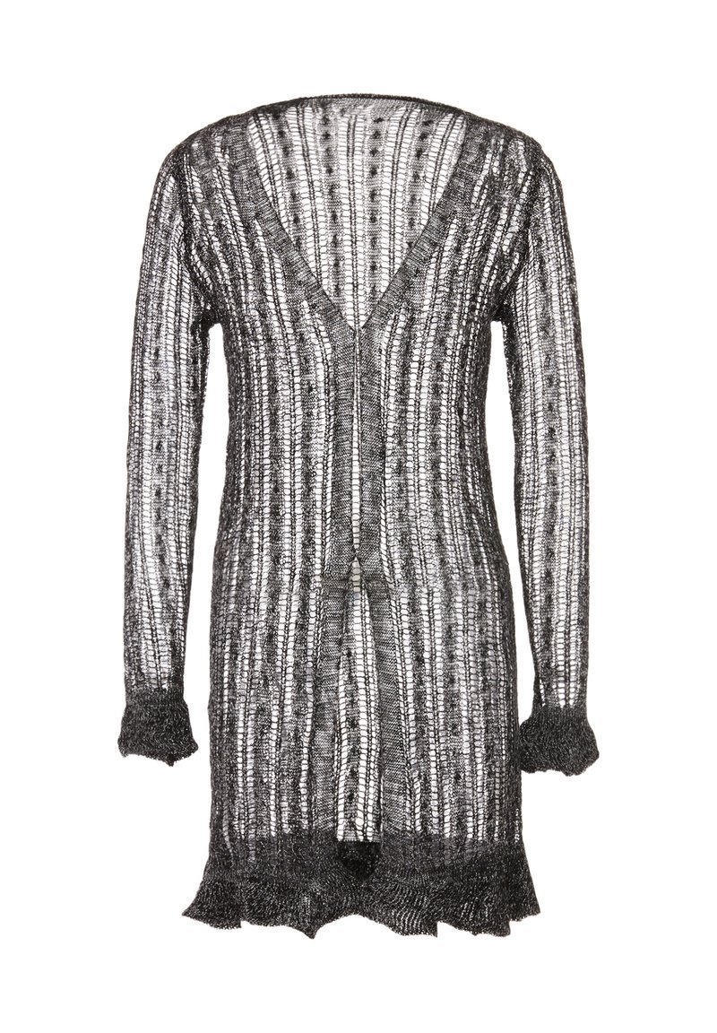 Cardigan din dantela neagra cu decolteu in V, maneci lungi si margini ondulate. Prezinta un model in dungi si un design cu fata deschisa. Textura translucida.