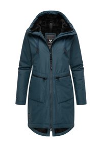 Plava park jakna s kapuljačom obloženom krznom, dva prednja zip zatvorena džepa i zatvaranje na zip. Ima uzorkovanu podstavu i podesive vezice.