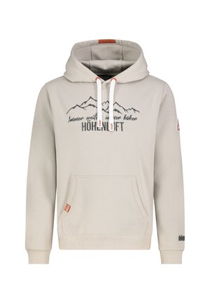 Light gray hoodie with adjustable drawstrings, front pocket, mountain graphic design, and logo accents on sleeve. Soft, textured fabric.