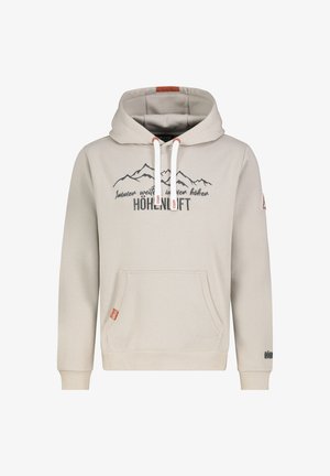 Hellgrauer Hoodie mit verstellbaren Kordeln, Fronttasche, Berggrafik und Logoakzenten am Ärmel. Weicher, strukturierter Stoff.
