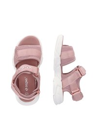 Rosa Stoffsandalen mit verstellbaren Riemen und weißen Gummisohlen, ausgestattet mit einer gepolsterten Innensohle und einem Zickzack-Logo auf der Fußbett.