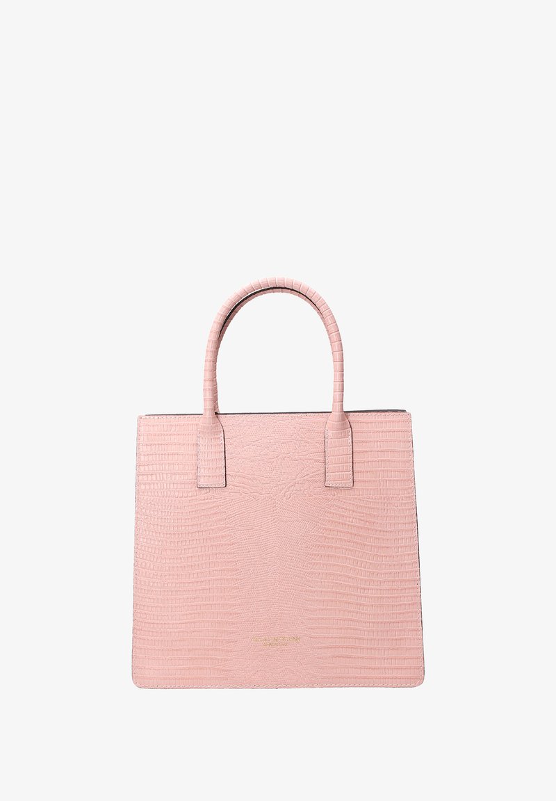 Borsa tote in pelle rosa con stampa a coccodrillo, manici superiori, forma rettangolare e texture liscia. Design minimalista con branding sottile.