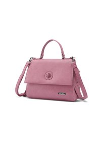 Borsa a mano in pelle rosa con finitura testurizzata, chiusura a pattina con un elemento circolare, manico superiore e tracolla regolabile.