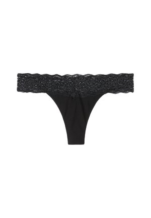 Tanga negro con cintura de encaje de patrón floral, fabricado en tejido suave y con cobertura mínima.