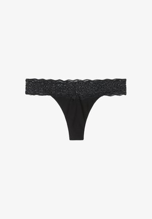 Black thong underwear featuring a lace waistband with floral pattern, soft fabric, and minimal coverage.