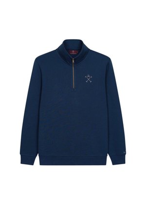 Suéter azul marino con cuello de media cremallera, que presenta un pequeño logo bordado en el pecho y puños acanalados. Tejido suave y texturizado.