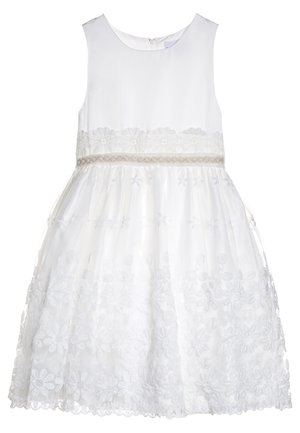 Vestido blanco sin mangas con bordado de encaje floral en la falda y la cintura, con escote redondo y cierre de cremallera en la espalda.