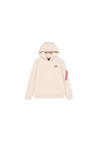 Sudadera color crema con un bolsillo frontal, capucha con cordones y un logo bordado. Presenta un parche rojo en la manga izquierda. Material de algodón.