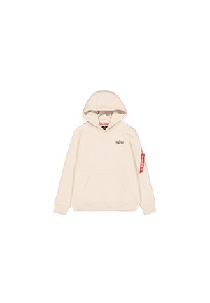 Helle Kapuzenjacke in Creme mit einer vorderen Tasche, Kordelzug-Haube und einem gestickten Logo. Besitzt ein rotes Patch am linken Ärmel. Aus Baumwollmaterial.