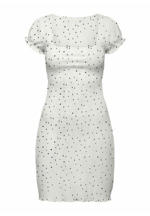 Biele priliehavé krátke šaty s čiernymi nepravidelnými bodkami a štvorcovým výstrihom, s jemnými volánovými detailmi na rukávoch a okraji.