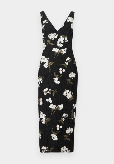 Fekete, testhez simuló ruha V-nyakkal, fehér virágos hímzéssel és zöld levelekkel. Texturált anyag, térdhez érő fazon.