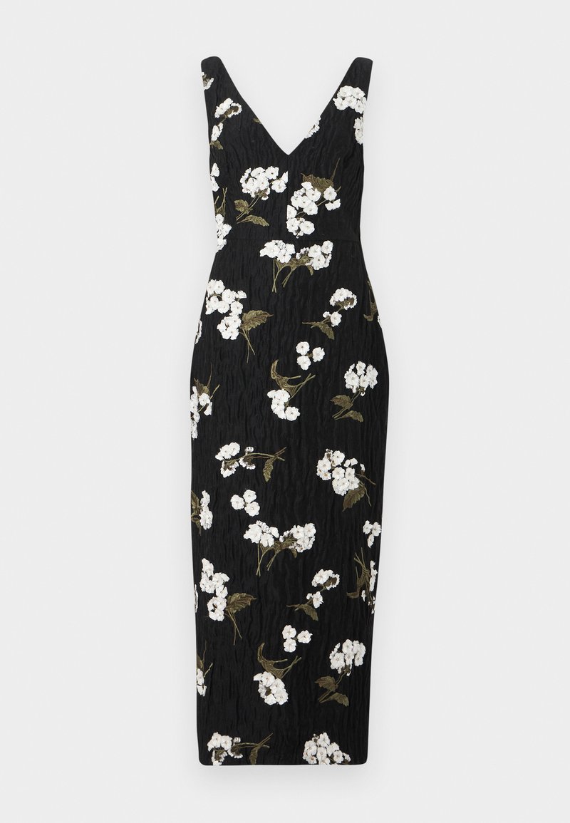 Robe noire ajustée avec un décolleté en V, ornée de broderies florales blanches et de feuilles vertes. Tissu texturé, design longueur genou.