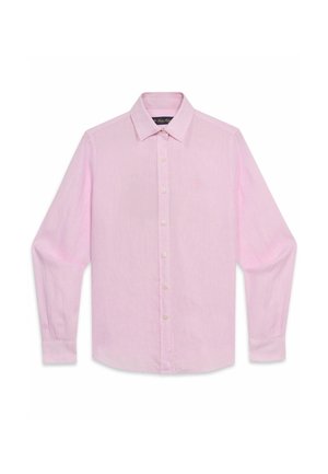 Langärmeliges, hellrosa Hemd mit Knöpfen, klassischem Kragen und beigen Knöpfen, flach auf weißem Hintergrund liegend dargestellt.