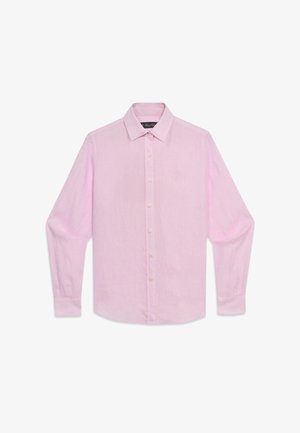Lichtroze overhemd met lange mouwen, klassieke kraag en beige knopen, plat uitgestald tegen een witte achtergrond.