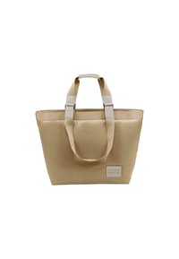 Beige tote bag med slitesterkt stoff, doble korte håndtak og kontrastfarget metall. Har en liten logo på den ene siden. Rektangulær form.