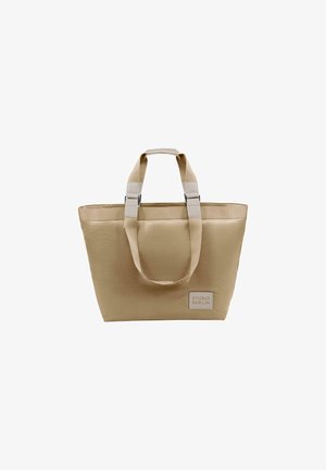 Borsa a spalla beige in tessuto resistente, con doppi manici corti e hardware a contrasto. Presenta un piccolo logo su un lato. Forma rettangolare.