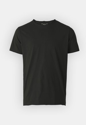 T-shirt de algodão preto com mangas curtas e decote arredondado. Textura suave, design minimalista e uma etiqueta na parte de trás do decote.
