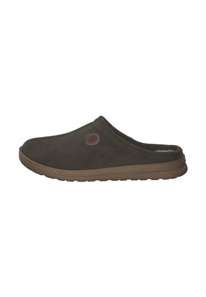 Donkerbruine instappers gemaakt van zacht suede met een rubberen zool, voorzien van een ronde logo-accent en een pluche binnenvoering.