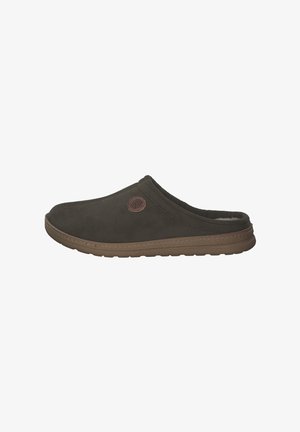 Donkerbruine instappers gemaakt van zacht suede met een rubberen zool, voorzien van een ronde logo-accent en een pluche binnenvoering.